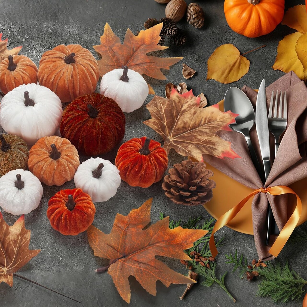 21 PCS Fall Artificial Velvet Pumpkins Set, Fake Fabric Pumpkin Faux Foam Pumpkins, Orange Khaki White Pumpkin Decorations